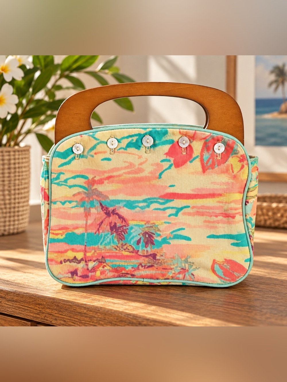 Vintage Tommy Bahama Tropical Bermuda Bag Wooden Handle Handbag
